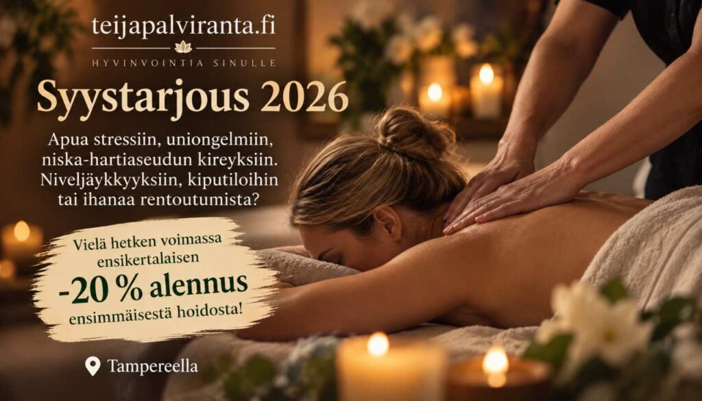 Kaipaatko hoitoa ja helpotusta kiireen keskellä? Syystarjous 2026: Apua stressiin, uniongelmiin, niska-hartiaseudun kireyksiin. Tervetuloa hoitoon Tampereella.